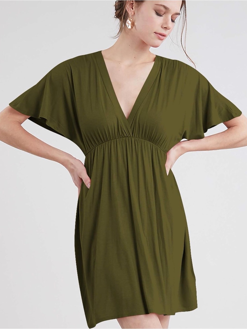 NWOT Olive Green V-Neck Flutter-Sleeve Mini Dress,XXL